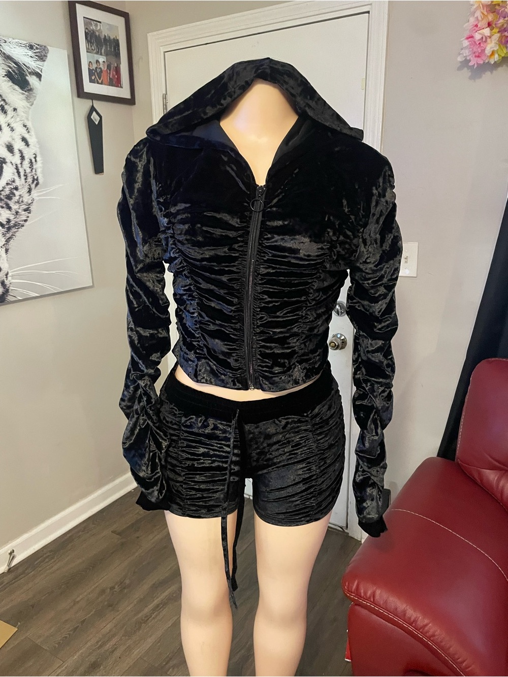 Velour two-piece tracksuit set ruched, full-zip hooded jacket & matching shorts